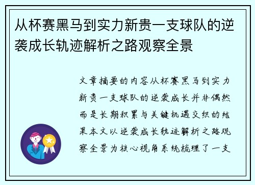 从杯赛黑马到实力新贵一支球队的逆袭成长轨迹解析之路观察全景