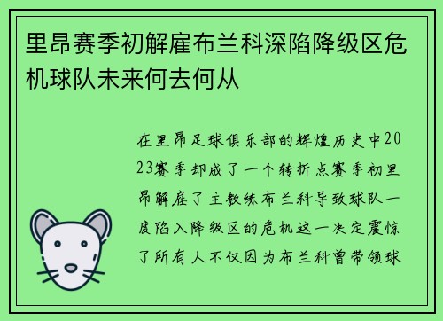里昂赛季初解雇布兰科深陷降级区危机球队未来何去何从